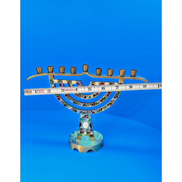 Hanukkah Menorah 9 Branch Brass Enamel Candle Holder 7" Tall Made in Israel - Picture 6 of 14
